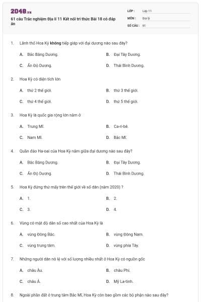 61 câu Trắc nghiệm Địa lí 11 Kết nối tri thức Bài 18 có đáp án