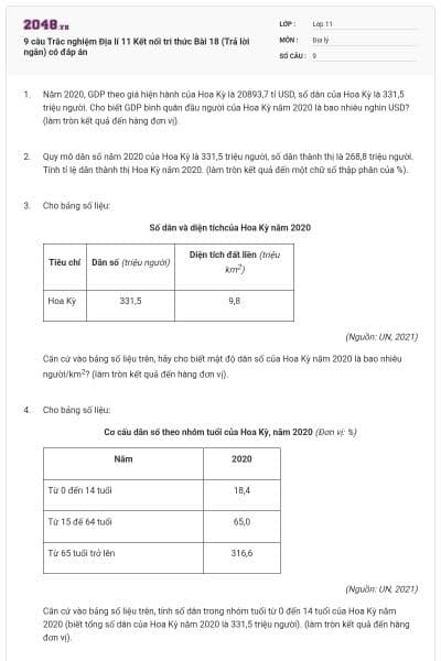 9 câu Trắc nghiệm Địa lí 11 Kết nối tri thức Bài 18 (Trả lời ngắn) có đáp án