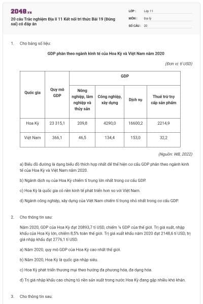 20 câu Trắc nghiệm Địa lí 11 Kết nối tri thức Bài 19 (Đúng sai) có đáp án