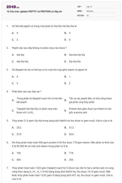 16 Câu trắc nghiệm PEPTIT và PROTEIN có đáp án
