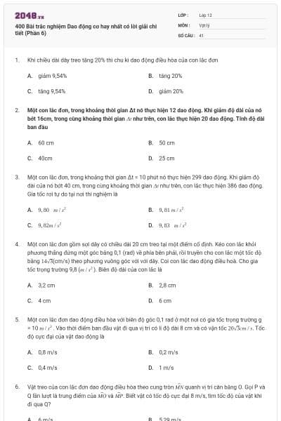 400 Bài trắc nghiệm Dao động cơ hay nhất có lời giải chi tiết (Phần 6)