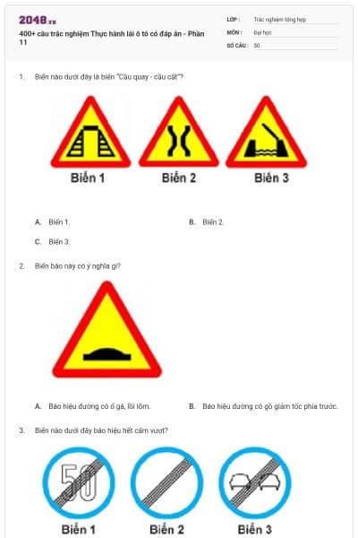 400+ câu trắc nghiệm Thực hành lái ô tô có đáp án - Phần 11