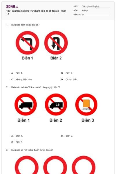 400+ câu trắc nghiệm Thực hành lái ô tô có đáp án - Phần 12