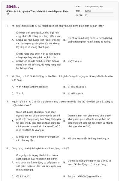 400+ câu trắc nghiệm Thực hành lái ô tô có đáp án - Phần 13