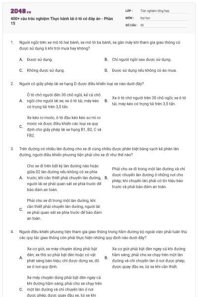 400+ câu trắc nghiệm Thực hành lái ô tô có đáp án - Phần 15