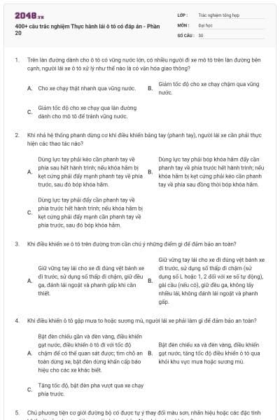 400+ câu trắc nghiệm Thực hành lái ô tô có đáp án - Phần 20