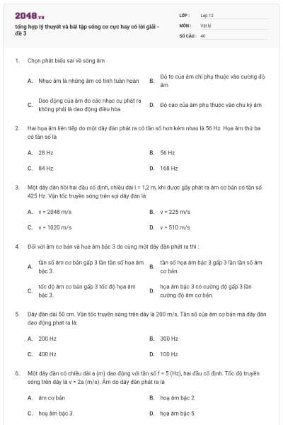 tổng hợp lý thuyết và bài tập sóng cơ cực hay có lời giải - đề 3
