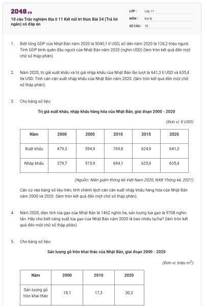 10 câu Trắc nghiệm Địa lí 11 Kết nối tri thức Bài 24 (Trả lời ngắn) có đáp án