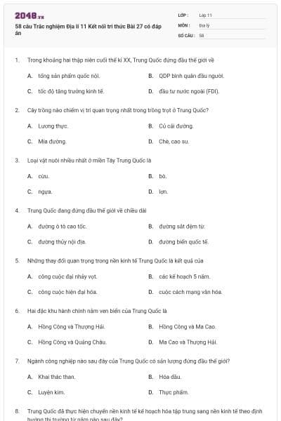 58 câu Trắc nghiệm Địa lí 11 Kết nối tri thức Bài 27 có đáp án