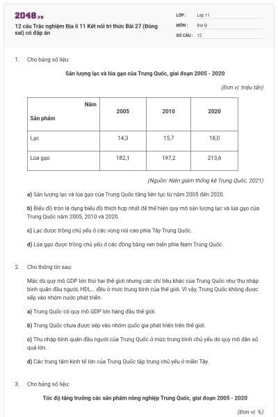 12 câu Trắc nghiệm Địa lí 11 Kết nối tri thức Bài 27 (Đúng sai) có đáp án