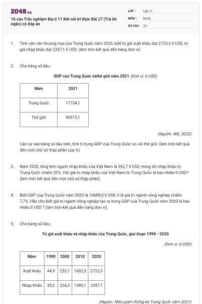 16 câu Trắc nghiệm Địa lí 11 Kết nối tri thức Bài 27 (Trả lời ngắn) có đáp án