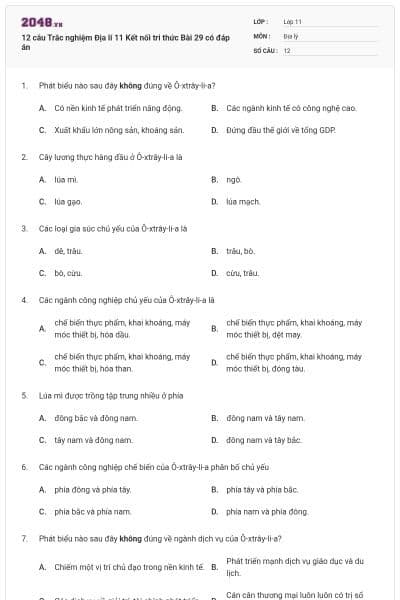 12 câu Trắc nghiệm Địa lí 11 Kết nối tri thức Bài 29 có đáp án