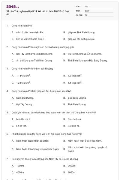 31 câu Trắc nghiệm Địa lí 11 Kết nối tri thức Bài 30 có đáp án