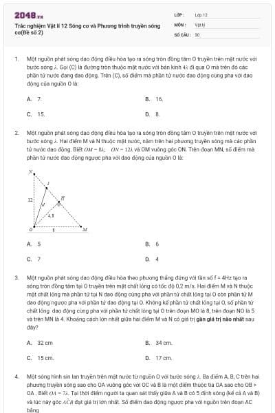 Trắc nghiệm Vật lí 12 Sóng cơ và Phương trình truyền sóng cơ(Đề số 2)