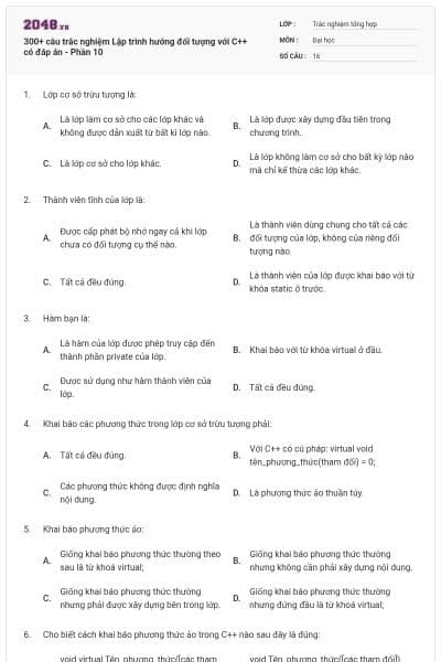 300+ câu trắc nghiệm Lập trình hướng đối tượng với C++ có đáp án - Phần 10