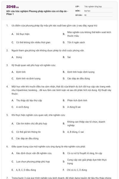 60+ câu trắc nghiệm Phương pháp nghiên cứu có đáp án - Phần 1