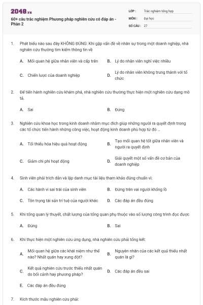 60+ câu trắc nghiệm Phương pháp nghiên cứu có đáp án - Phần 2