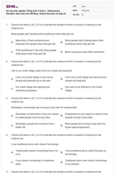 20 câu trắc nghiệm Tiếng Anh 9 Unit 6 : Vietnamese lifestyle: then and now-Writing- Global Success có đáp án