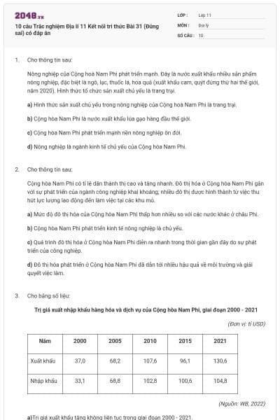 10 câu Trắc nghiệm Địa lí 11 Kết nối tri thức Bài 31 (Đúng sai) có đáp án
