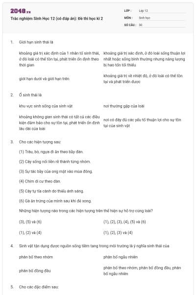 Trắc nghiệm Sinh Học 12 (có đáp án): Đề thi học kì 2