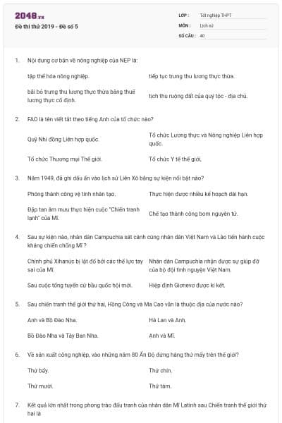 Đề thi thử 2019 - Đề số 5