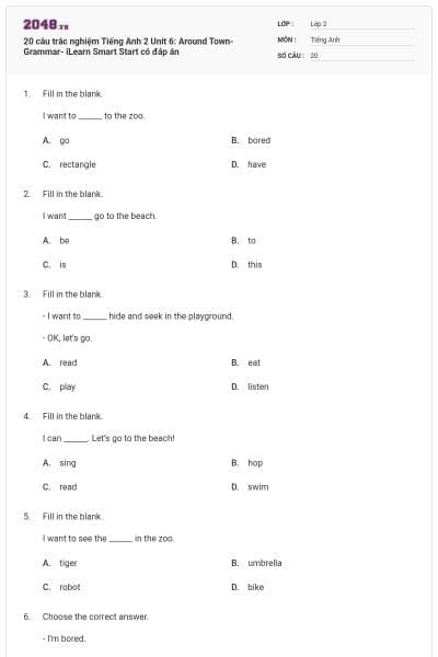 20 câu trắc nghiệm Tiếng Anh 2 Unit 6: Around Town- Grammar- iLearn Smart Start có đáp án