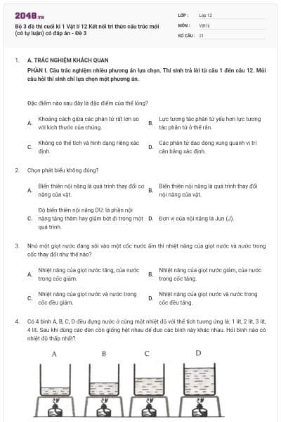 Bộ 3 đề thi cuối kì 1 Vật lí 12 Kết nối tri thức cấu trúc mới (có tự luận) có đáp án - Đề 3
