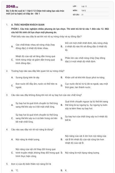 Bộ 3 đề thi cuối kì 1 Vật lí 12 Chân trời sáng tạo cấu trúc mới (có tự luận) có đáp án - Đề 1