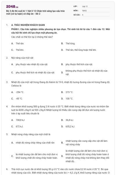 Bộ 3 đề thi cuối kì 1 Vật lí 12 Chân trời sáng tạo cấu trúc mới (có tự luận) có đáp án - Đề 2