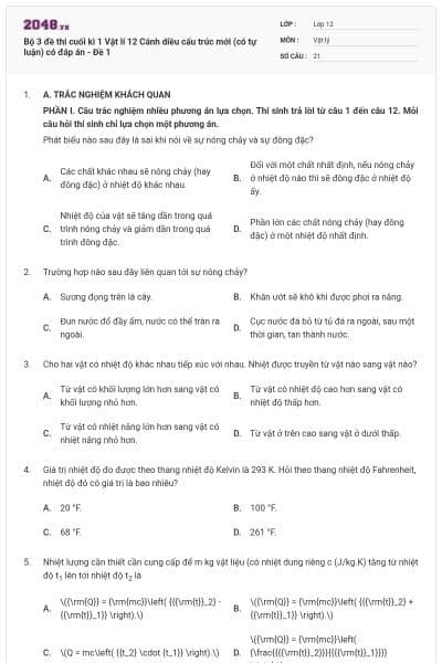 Bộ 3 đề thi cuối kì 1 Vật lí 12 Cánh diều cấu trúc mới (có tự luận) có đáp án - Đề 1