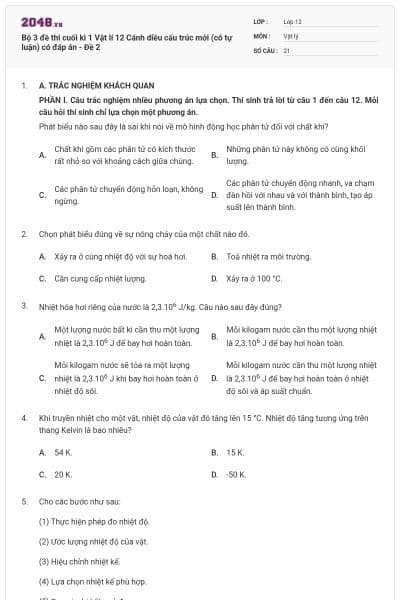 Bộ 3 đề thi cuối kì 1 Vật lí 12 Cánh diều cấu trúc mới (có tự luận) có đáp án - Đề 2