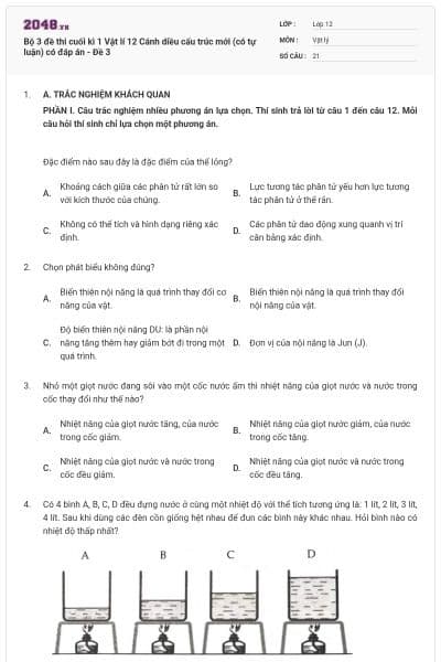 Bộ 3 đề thi cuối kì 1 Vật lí 12 Cánh diều cấu trúc mới (có tự luận) có đáp án - Đề 3