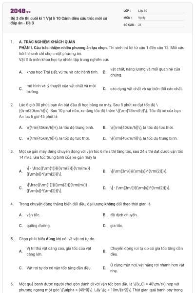 Bộ 3 đề thi cuối kì 1 Vật lí 10 Cánh diều cấu trúc mới có đáp án - Đề 3