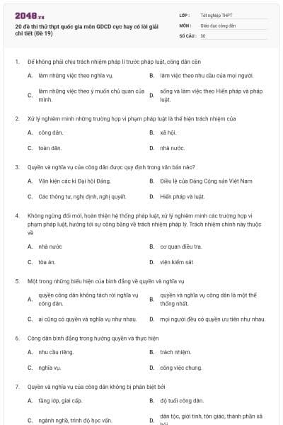 20 đề thi thử thpt quốc gia môn GDCD cực hay có lời giải chi tiết (Đề 19)