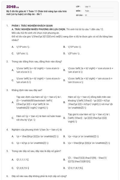 Bộ 5 đề thi giữa kì 1 Toán 11 Chân trời sáng tạo cấu trúc mới (có tự luận) có đáp án - Đề 1