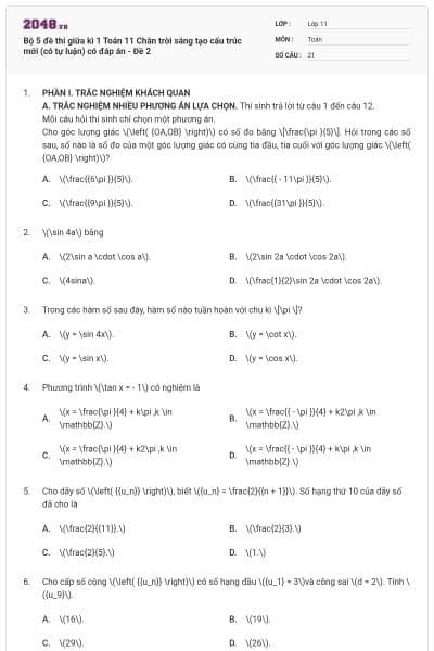 Bộ 5 đề thi giữa kì 1 Toán 11 Chân trời sáng tạo cấu trúc mới (có tự luận) có đáp án - Đề 2