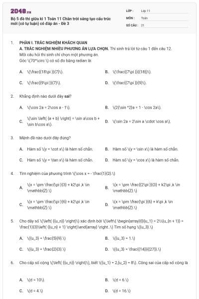 Bộ 5 đề thi giữa kì 1 Toán 11 Chân trời sáng tạo cấu trúc mới (có tự luận) có đáp án - Đề 3