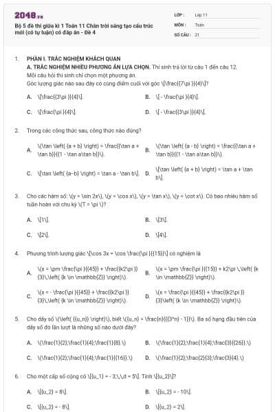 Bộ 5 đề thi giữa kì 1 Toán 11 Chân trời sáng tạo cấu trúc mới (có tự luận) có đáp án - Đề 4