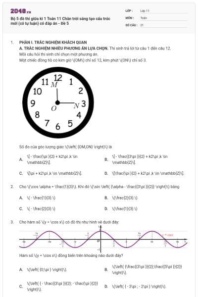 Bộ 5 đề thi giữa kì 1 Toán 11 Chân trời sáng tạo cấu trúc mới (có tự luận) có đáp án - Đề 5
