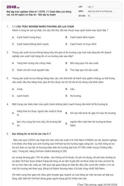 Bài tập trắc nghiệm Giữa kì 1 KTPL 11 Cánh diều (có đúng sai, trả lời ngắn) có đáp án - Bài tập tự luyện