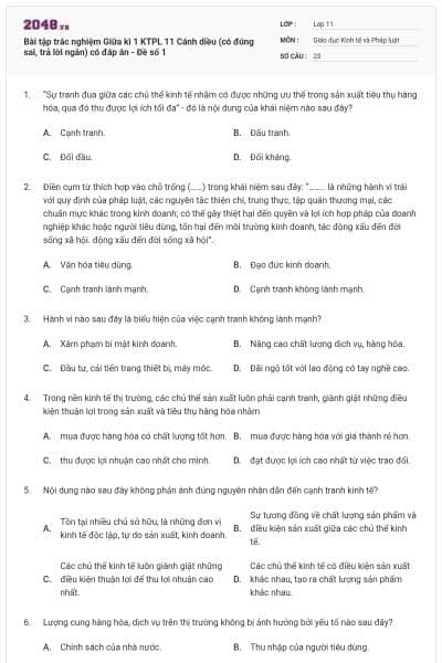 Bài tập trắc nghiệm Giữa kì 1 KTPL 11 Cánh diều (có đúng sai, trả lời ngắn) có đáp án - Đề số 1