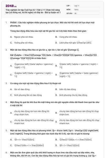 Trắc nghiệm ôn tập Cuối học kì 1 Vật Lí 11 Chân trời sáng tạo (có đúng sai, trả lời ngắn) có đáp án - Bài tự luyện số 1