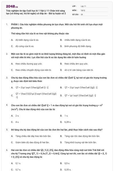 Trắc nghiệm ôn tập Cuối học kì 1 Vật Lí 11 Chân trời sáng tạo (có đúng sai, trả lời ngắn) có đáp án - Bài tự luyện số 2