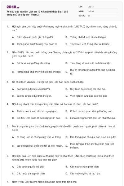 76 câu trắc nghiệm Lịch sử 12 Kết nối tri thức Bài 1 (Có đúng sai) có đáp án - Phần 2