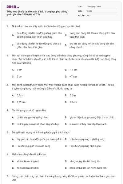 Tổng hợp 20 đề thi thử môn Vật Lí trung học phổ thông quốc gia năm 2019 (Đề số 22)