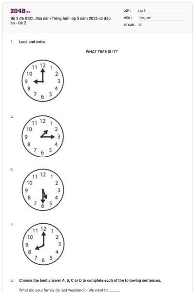 Bộ 3 đề KSCL đầu năm Tiếng Anh lớp 5 năm 2025 có đáp án - Đề 2
