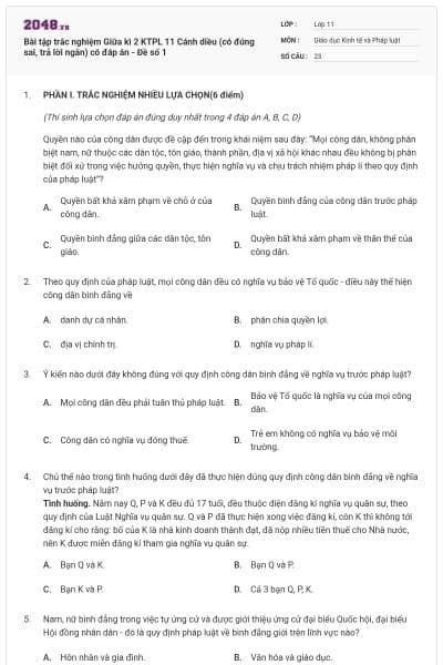 Bài tập trắc nghiệm Giữa kì 2 KTPL 11 Cánh diều (có đúng sai, trả lời ngắn) có đáp án - Đề số 1