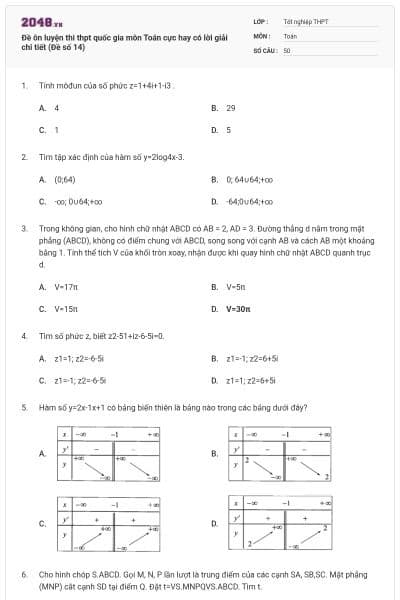 Đề ôn luyện thi thpt quốc gia môn Toán cực hay có lời giải chi tiết (Đề số 14)
