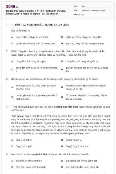 Bài tập trắc nghiệm Cuối kì 2 KTPL 11 Kết nối tri thức (có đúng sai, trả lời ngắn) có đáp án - Bài tập tự luyện