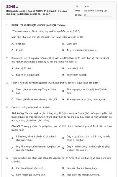 Bài tập trắc nghiệm Cuối kì 2 KTPL 11 Kết nối tri thức (có đúng sai, trả lời ngắn) có đáp án - Đề số 1